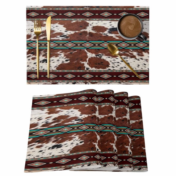 Farmhouse Western Placemats Set of 8 Boho Country Enthic Cow Fur Print Place Mats Indoor Wipeable Table Mats Washable Cloth Dining Table Placemats for Kitchen Holiday Party Home Decor 13x19 Inch