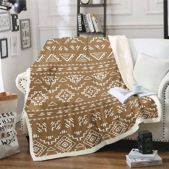 Farmhouse Western Sherpa Blanket Throw 50"X60" Brown Boho Aztec Fleece Blanket for Kids Adults Men Bohemian Geometric Throw Blanket Exotic Native Tribal Southwestern Fuzzy Blanket Ethnic Room Decor