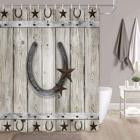 Farmhouse Western Shower Curtain, Barn Star with Horseshoe on Gray Rustic Barn Door Fabric Shower Curtains, Farm Garage Door Bathroom Curtain Liner with Hooks 36x70inches