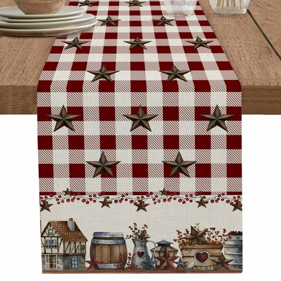 Farmhouse Western Star on Beige Table Runner-70 Inch Long Red Checkered Plaid Table Runners Linen Burlap Tablerunner for Kitchen Dining Room Holiday Party