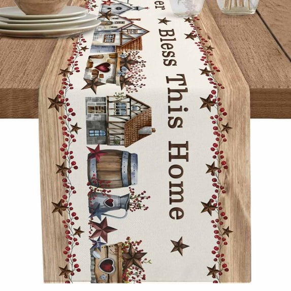 Farmhouse Western Star on Vintage Letter Table Runner-36 Inch Long Home Quote Table Runners Linen Burlap Tablerunner for Kitchen Dining Room Holiday Party