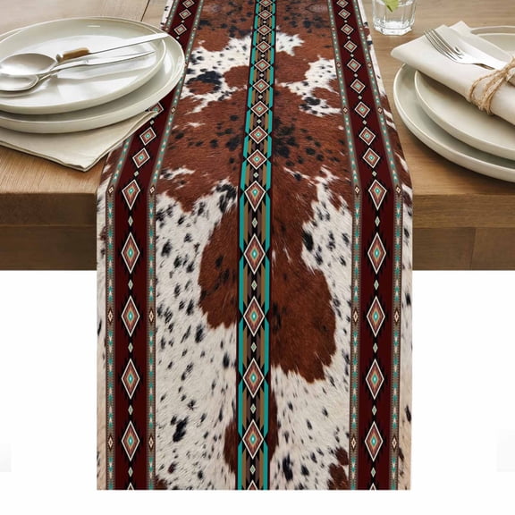 Farmhouse Western Table Runner Boho Country Enthic Cow Fur Print Tablerunners 16 x 72 Inch, Table Decorations Tabletop Scarf for Summer Gathering Holiday Farmhouse Kitchen Dining Decor