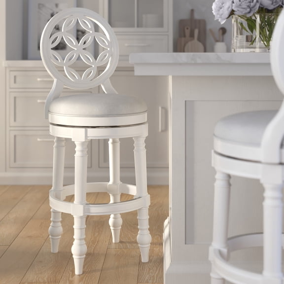 Farmhouse White Bar Stool with High Back, Swivel Seat, Gray Fabric, 31"