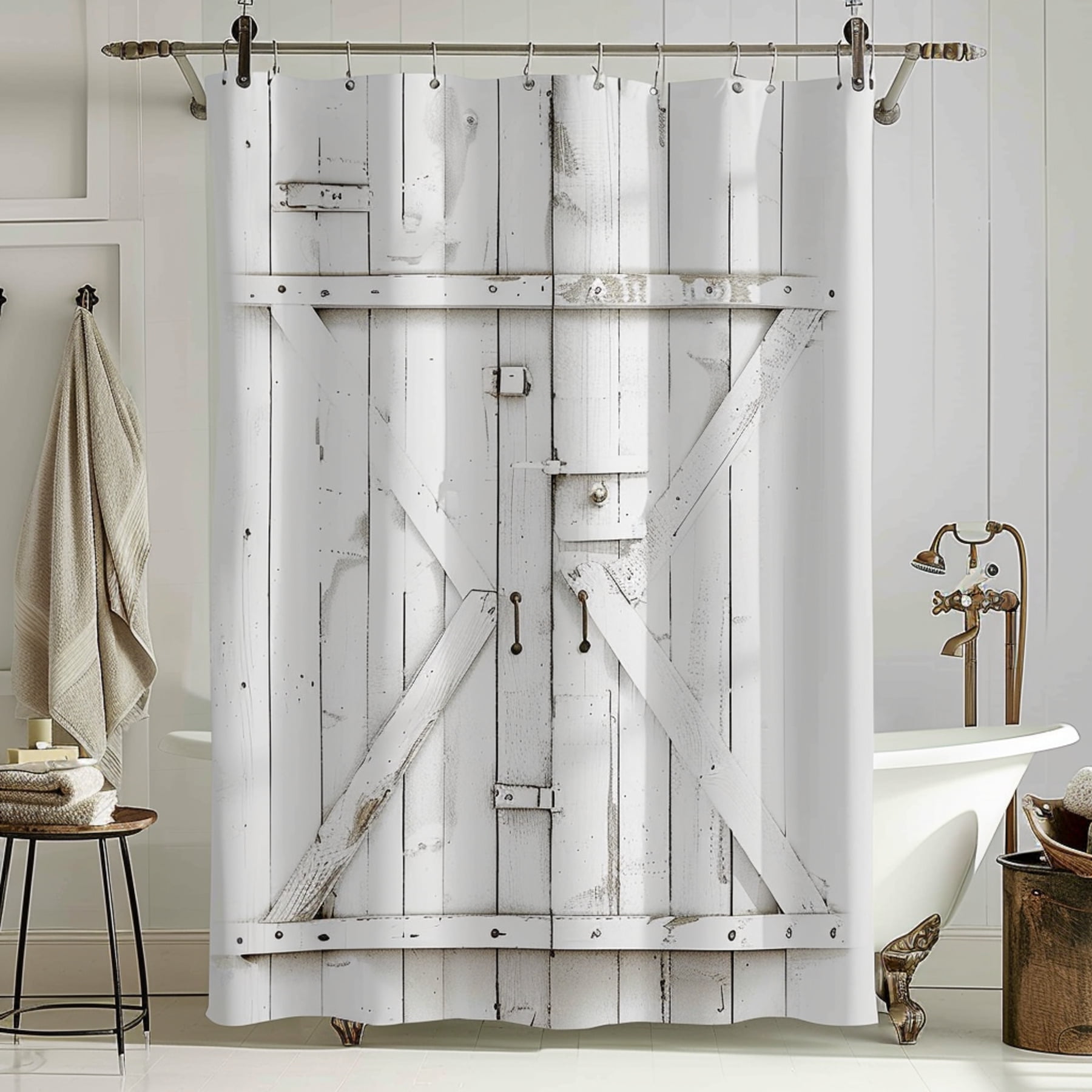 Farmhouse White Barn Door Style Bathroom Curtain with Metal Hardware