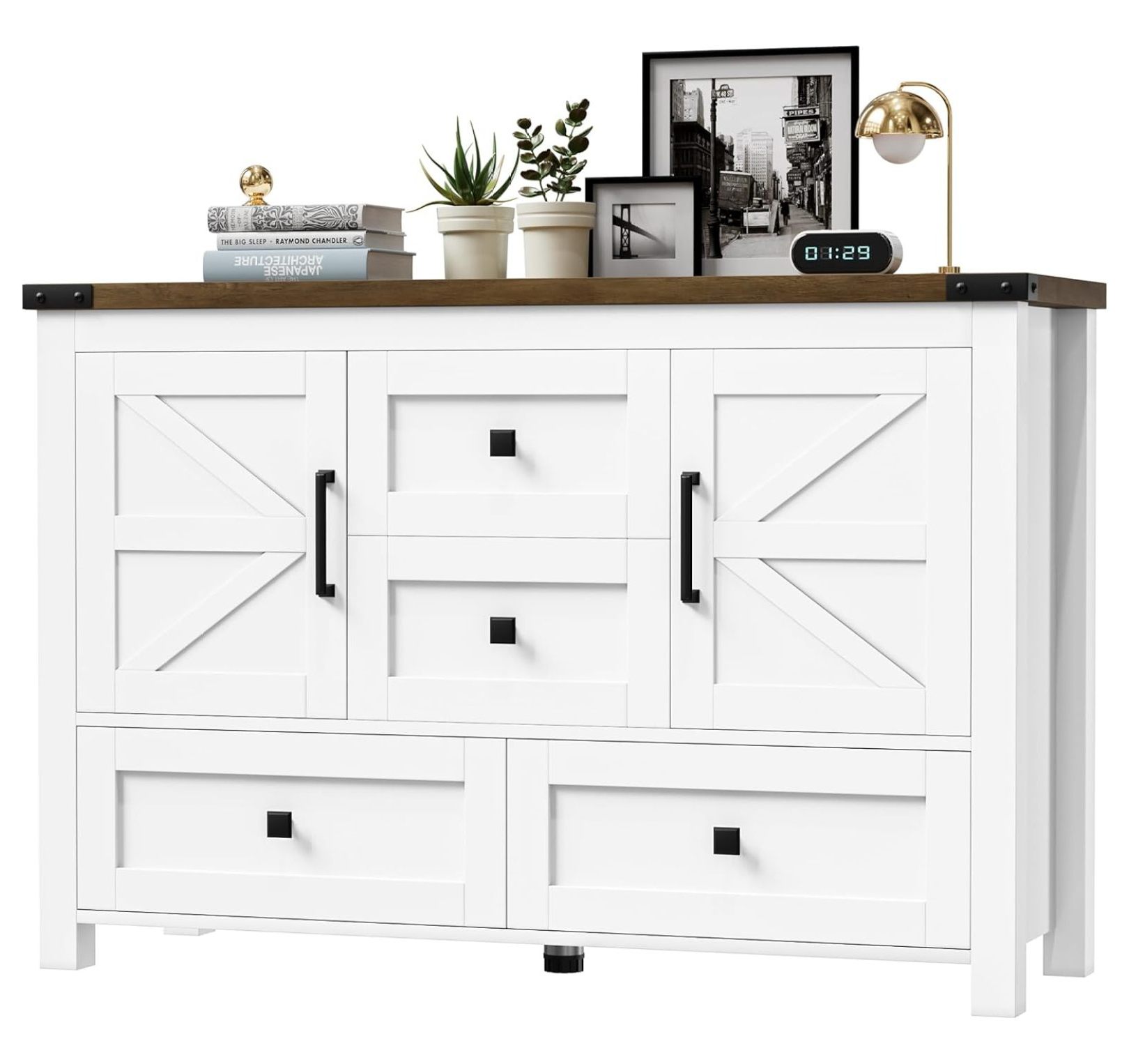 Farmhouse White Dresser for Bedroom with 4 Drawers and 2 Barn Doors