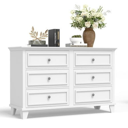 Farmhouse White Dresser for Bedroom with 6 Drawer, Double Dresser TV Stand with Vintage Handle, Wide Wood Dressers & Chests of Drawers, 6 Drawer Dressers for Bedroom, Living Room, Hallway