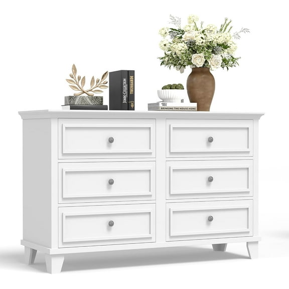 Farmhouse White Dresser for Bedroom with 6 Drawer, Double Dresser TV Stand with Vintage Handle, Wide Wood Dressers & Chests of Drawers, 6 Drawer Dressers for Bedroom, Living Room, Hallway