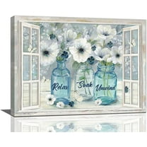 Farmhouse White Flower Bathroom Decor Wall Art Rustic Floral Plant Window Pictures Wall Decor Relax Soak Unwind Bathroom Sign Canvas Painting Prints Artwork Decorations Framed for Bathroom 16"x12"