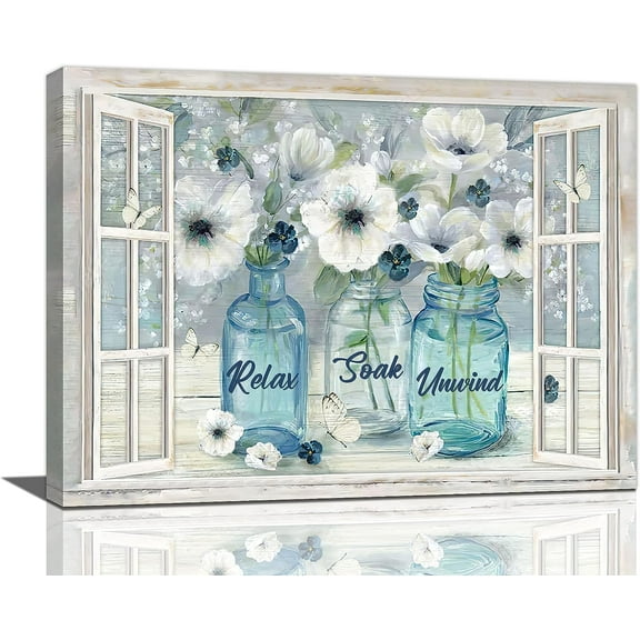 Farmhouse White Flower Bathroom Decor Wall Art Rustic Floral Plant Window Pictures Wall Decor Relax Soak Unwind Bathroom Sign Canvas Painting Prints Artwork Decorations Framed for Bathroom 16"x12"