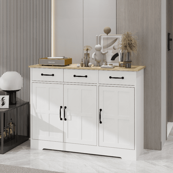 Farmhouse White MDF Storage Buffet Sideboard with 3 Drawers & 3 Doors – For Dining, Living Room, Kitchen