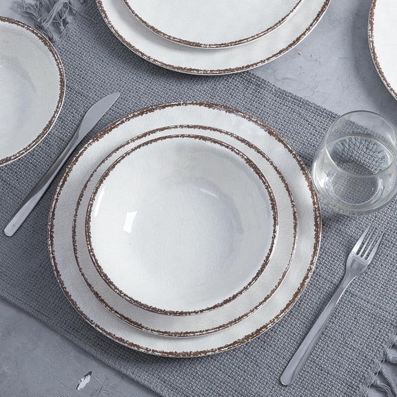 Farmhouse White Melamine Dinnerware Set for 4: 11 Inch Plates, 9 Inch Plates, 7.5 Inch Bowls