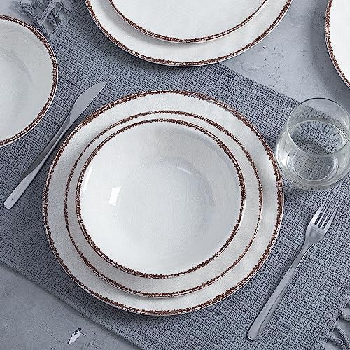 Farmhouse White Melamine Plates and Bowls Set, White dishes Rustic Farmhouse Dinnerware Set, Lightweight Melamine Dishes Set for 4, Perfect for RV, Camper, Dishwasher Safe