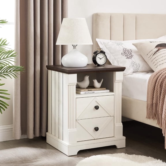 Farmhouse White Night Stand Set of 2, 18 Inch Bedside Table with Charging Station, Wood Rustic End Table, Roman Column Design, Modern Bedside Cabinet for Bedroom Home