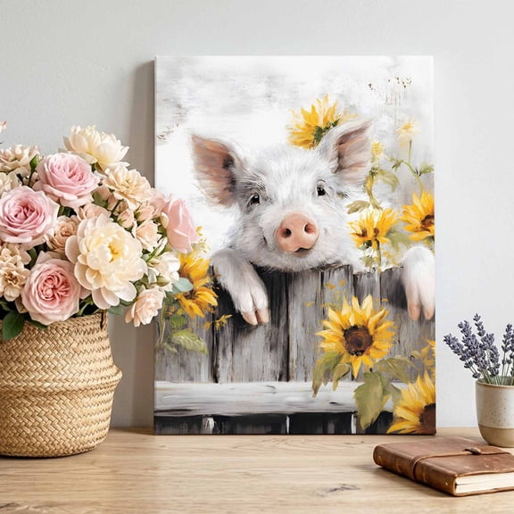Farmhouse White Pig Canvas Wall Art for Living Room, Cute Animal Sunflower Rustic Farm Wood Grain Poster Print Painting for Bedroom Office Home Decoration Wall Pictures Prepare To Hang 8"x10"