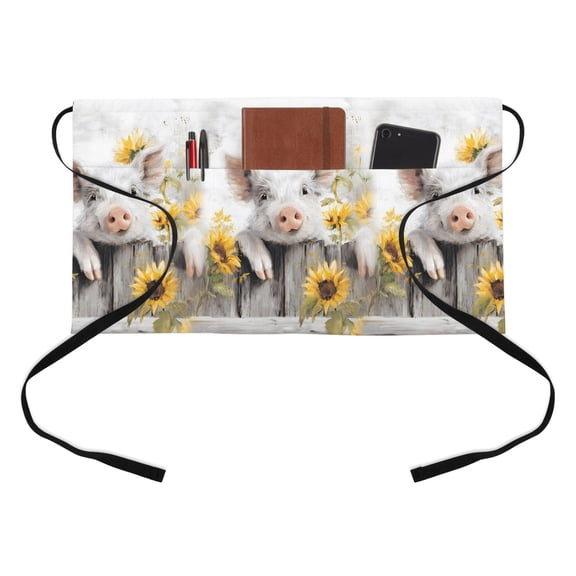 Farmhouse White Pig Half Waist Apron Cute Animal Sunflower Rustic Farm Wood Grain Short Waiter Aprons with 3 Pockets for Women Men Kitchen Restaurant Cooking