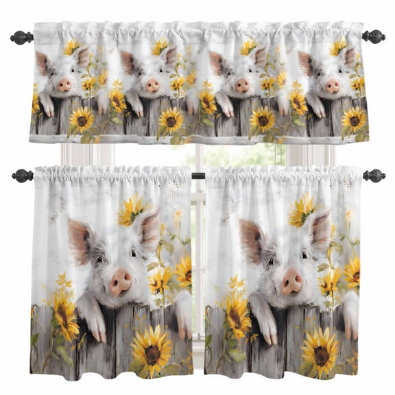 Farmhouse White Pig Kitchen Curtains and Valances Set, Cute Animal Sunflower Rustic Farm Wood Grain Rod Pocket Window Valance Window Curtain Panels for Living Room Laundry, 27.5x24in, 3 Pieces