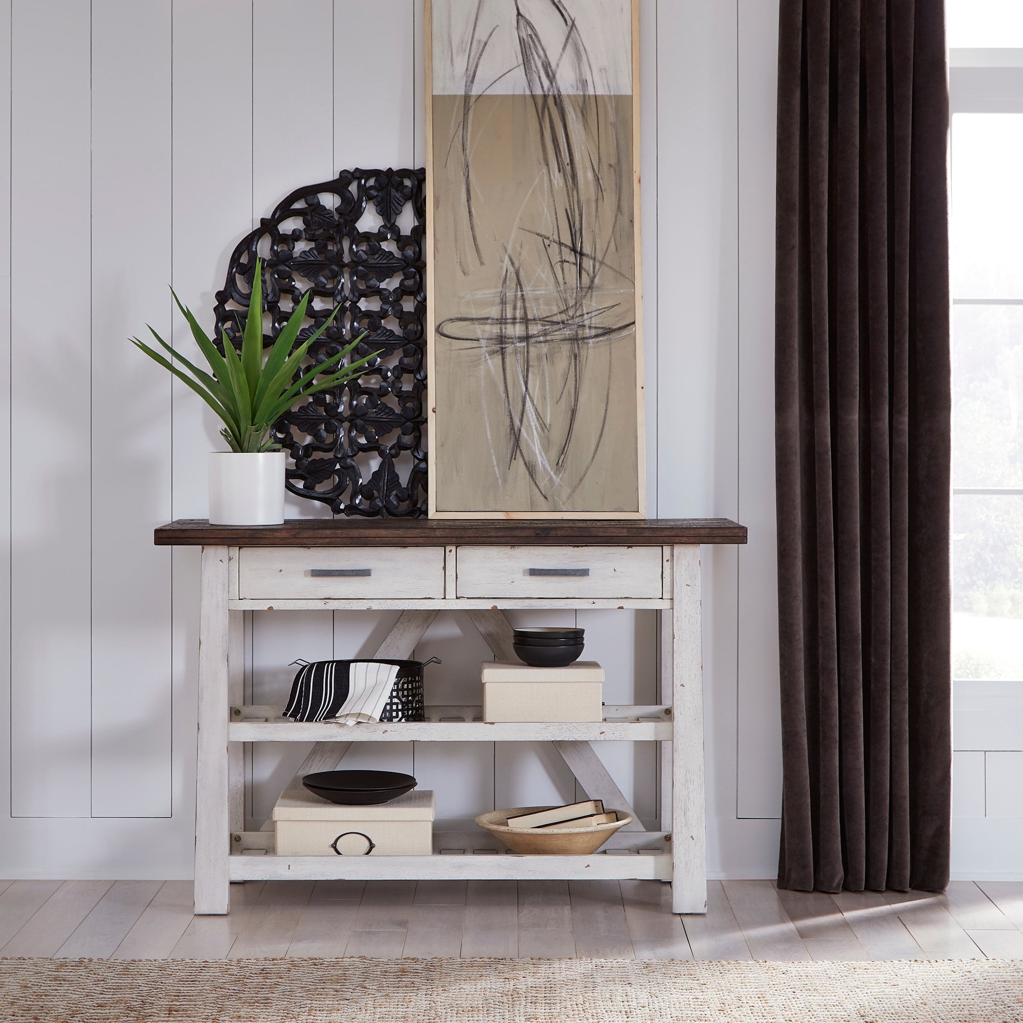 Transitional White and Brown Farmhouse Server with Storage Drawers