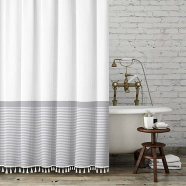 Seasonwood Farmhouse White Shower Curtain with Gray Striped and Tassels Modern Shower Curtain for Bathroom 72" x 72"