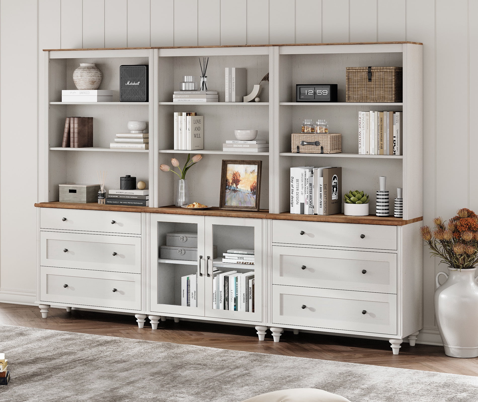 Farmhouse White Sideboard Credenza 72" Tall with 5-Tier Storage, Adjustable Shelves, 6 Drawers & Glass Door Cabinet for Living Room & Study