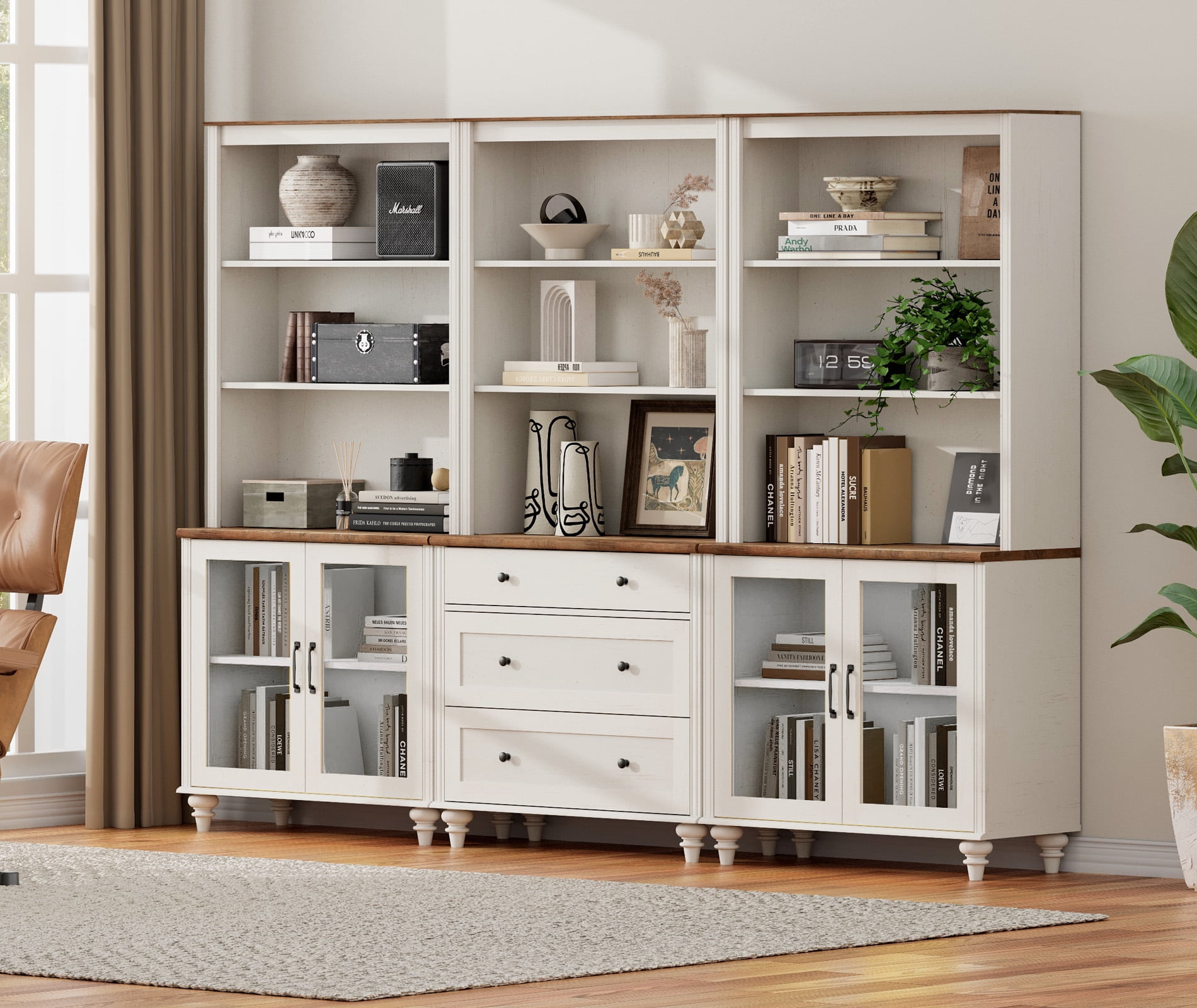 Farmhouse White Sideboard Credenza 72" Tall with 5-Tier Storage, Adjustable Shelves and Glass Door Storage Cabinet for Living Room, Study & Bedroom