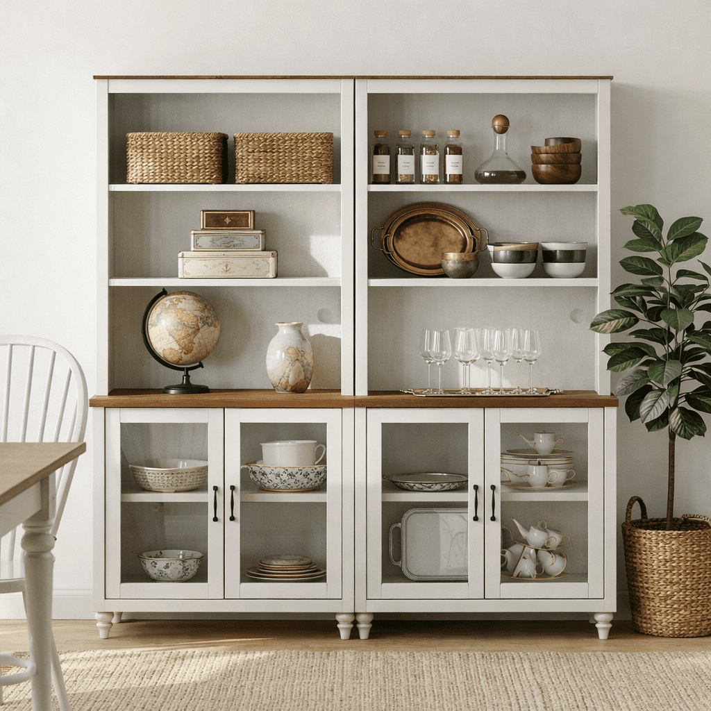 Farmhouse White Sideboard Credenza with Glass Doors, Drawer & Bookshelves, Buffet Cabinet Storage Cabinet for Living Room, Bedroom, Dining Room, Holds up to 75" TV
