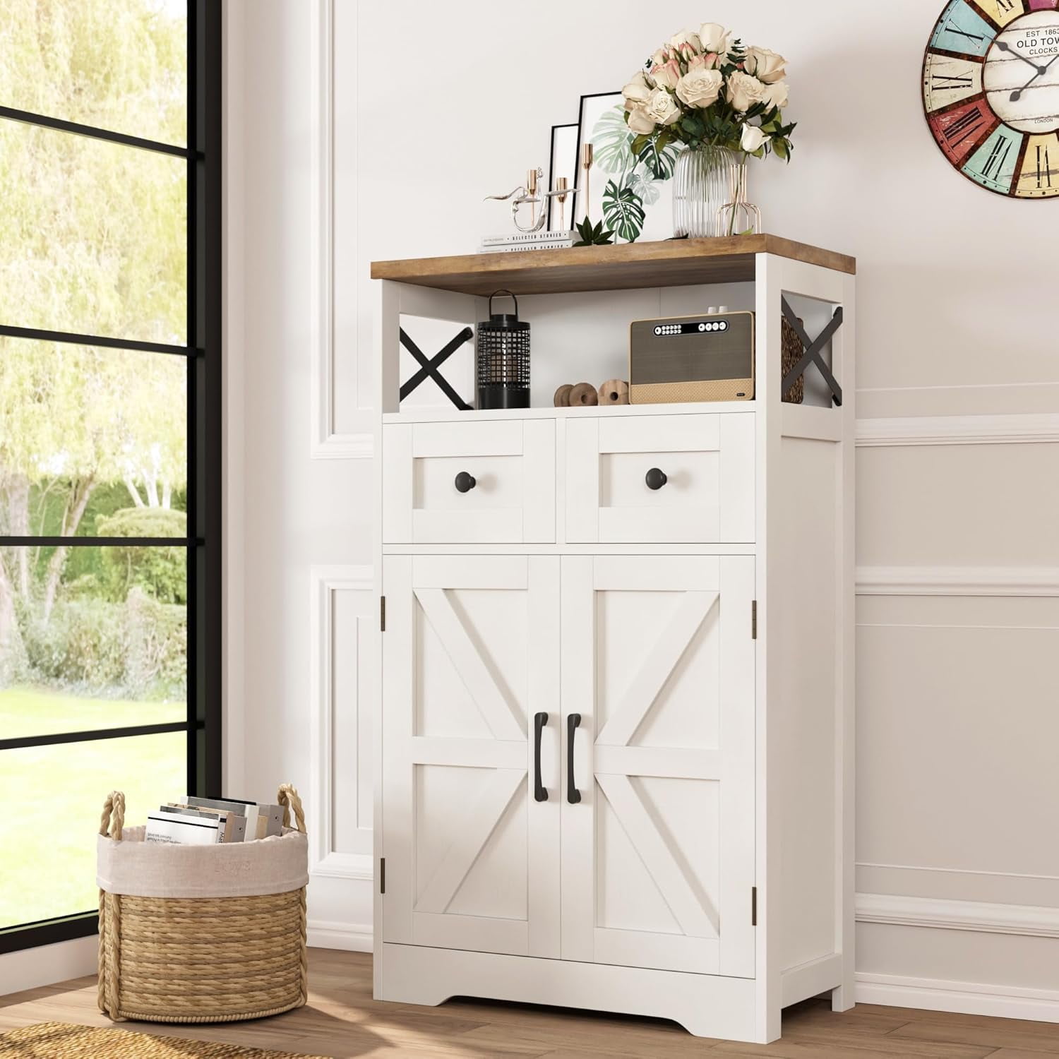Farmhouse White Storage Cabinet with Doors and Drawers, Freestanding Kitchen Pantry Cabinet, Floor Storage Cabinet Hutch Cupboard for Kitchen/Laundry/Living Room/Bedroom