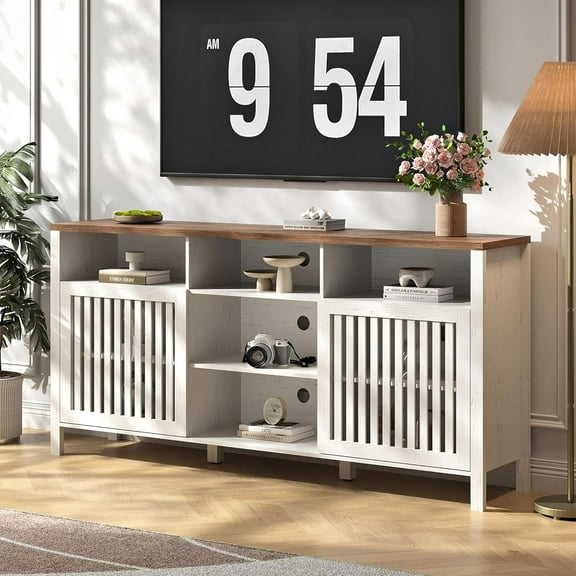 Farmhouse White TV Stand with Grille Doors, 5 Open Storage Compartments, 65" Media Console with Adjustable Shelves for Living Room