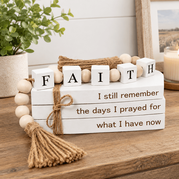 Farmhouse White Wooden Stacked Books Decorative Box with Faith Quote