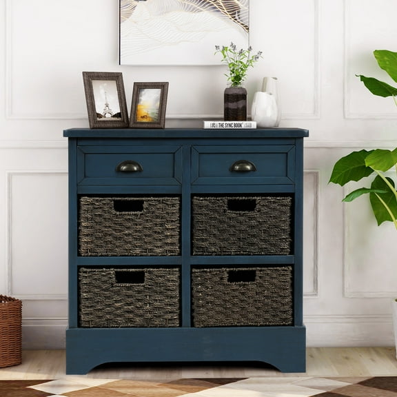 Farmhouse Wicker Baskets Storage Cabinet with 2 Drawers and Aluminum Alloy Handles, Decorative Chest of Drawer Console Table for Entryway Hallway Dining Room Living Room (Antique Navy)