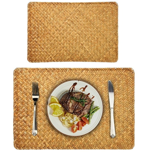 QZS Farmhouse Wicker Placemats,Woven Rattan Place Mat,Rectangular Table Pat,Hand Bamboo Tea Cup Mat,Natural Straw Placemat,Hand-woven Place Mats for Dining Table Home Kitchen Picnic 2Pcs