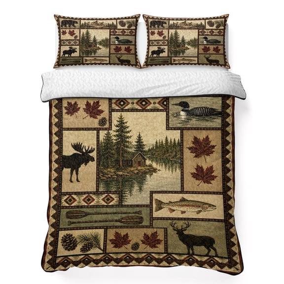 Farmhouse Wilderness 3 Piece Quilt Bedding Set with 2 Pillow Shams, Brown Rustic Cabin Bear Moose Pinecone Lightweight Bedspread Coverlet, Soft Breathable All Season Quilt, 90 x 96 Inch