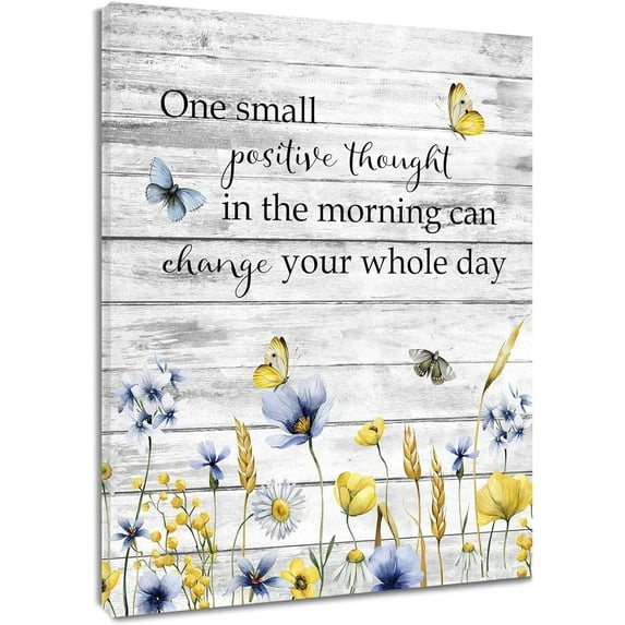 Farmhouse Wildflower Wall Art, Blue and Yellow Flowers and Butterflies on Rustic Board Canvas Wall Art, Inspirational Quotes Abstract Wall Art for Living Room Bedroom Bathroom, 16x20 Inches