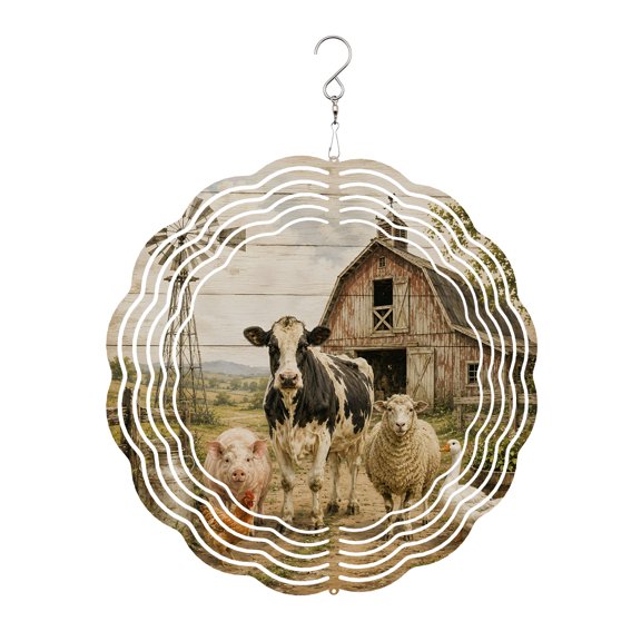 Farmhouse Wind Spinner for Garden Yard 10In, Sheep Goose Cow Pig Barn Rustic Countryside 3D Stainless Steel Kinetic Hanging Wind Spinners Rustproof Outdoor Decor for Lawn Patio Home