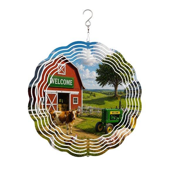 Farmhouse Wind Spinner for Garden Yard 12In, Rustic Red Barn Animal Tractor Cow Rural Fence 3D Stainless Steel Kinetic Hanging Wind Spinners Rustproof Outdoor Decor for Lawn Patio Home