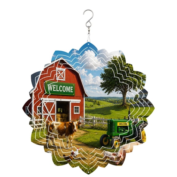Farmhouse Wind Spinner for Garden Yard 8In, Rustic Red Barn Animal Tractor Cow Rural Fence 3D Stainless Steel Kinetic Hanging Wind Spinners Rustproof Outdoor Decor for Lawn Patio Home