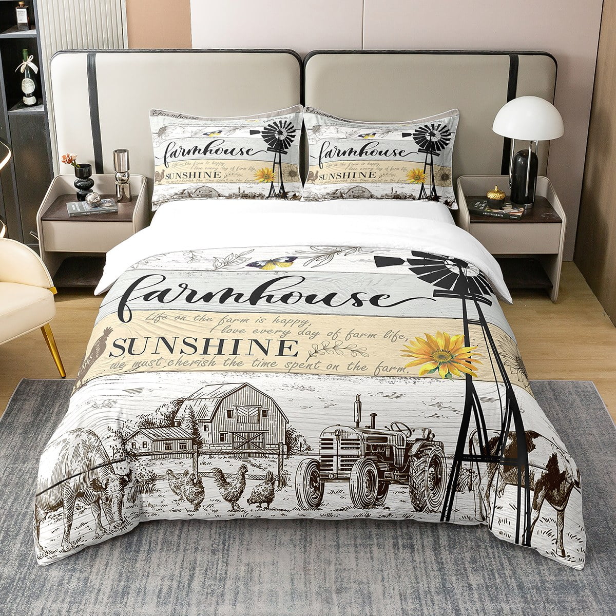 Farmhouse Windmill 100 Cotton Duvet Cover Cabin,Cow Farm Animal