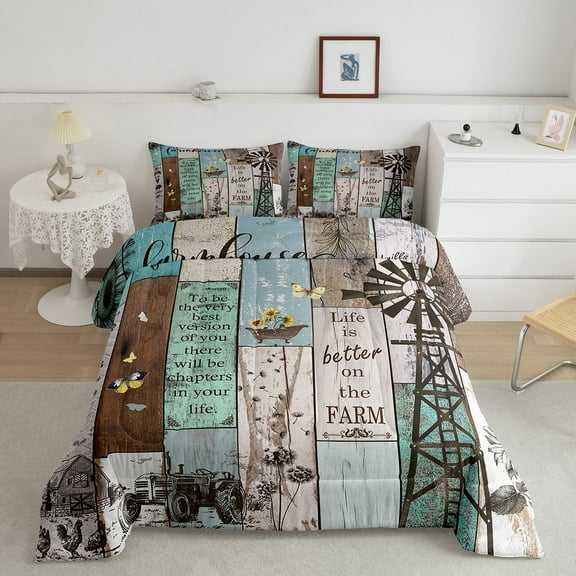 Farmhouse Windmill Bedding Comforter Sets, Rustic Cabin Lodge Comforter Set Barn Door Wooden Vintage Bedding Set Farmhouse Gifts For Women, Sunflower Dandelion Farm Animal Duvet Sets, Twin Size