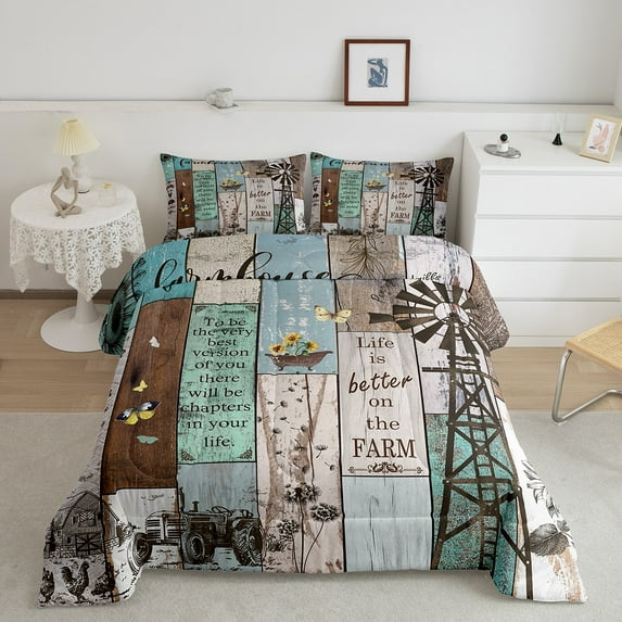 Farmhouse Windmill Bedding Comforter Sets, Rustic Cabin Lodge Comforter Set Barn Door Wooden Vintage Bedding Set Farmhouse Gifts For Women, Sunflower Dandelion Farm Animal Duvet Sets, Queen Size