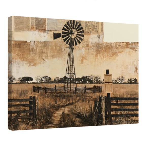 Farmhouse Windmill Canvas Wall Art, Rustic Country Landscape Painting, Vintage Prairie Wall Decor, Western Ranch Artwork for Living Room Bedroom Office, 10x8 Inch