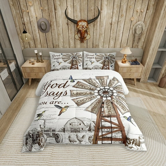 Farmhouse Windmill Comforter Set, Rustic Hummingbird Bedding Set , Farm Cow Rooster Animal Bedding Comforter Sets Western Vintage Wooden Barn Quilt Farmhouse Gifts For Women, Full