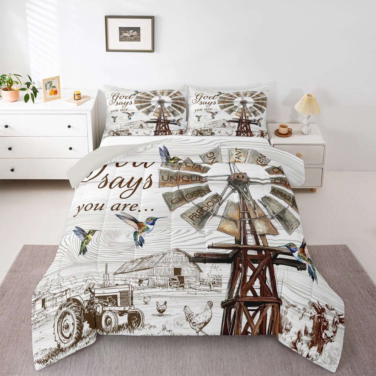 Farmhouse Windmill Comforter Set, Rustic Hummingbird Bedding Set , Farm Cow Rooster Animal Bedding Comforter Sets Western Vintage Wooden Barn Quilt Farmhouse Gifts For Women, Full