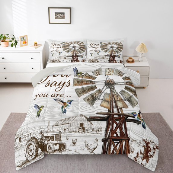 Farmhouse Windmill Comforter Set, Rustic Hummingbird Bedding Set , Farm Cow Rooster Animal Bedding Comforter Sets Western Vintage Wooden Barn Quilt Farmhouse Gifts For Women, Twin