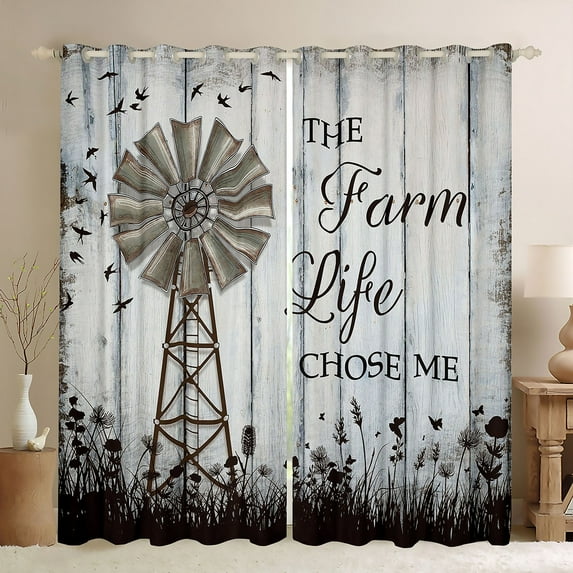 Farmhouse Windmill Curtains 42"Wx84"L, Vintage Rustic Windmill Blackout Curtains Farmhouse Gifts For Women, Botanical Leaves Butterfly Curtains & Drapes Retro Barn Door Wooden Window Curtains 2 Panels