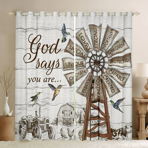 Farmhouse Windmill Curtains & Drapes, Rustic Hummingbird Curtains, Farm Cow Rooster Animal Blackout Curtains Western Vintage Wooden Barn Window Curtains Farmhouse Gifts For Women, 38"Wx45"L