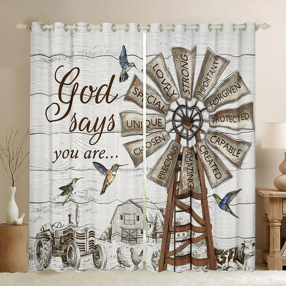 Farmhouse Windmill Curtains & Drapes, Rustic Hummingbird Curtains , Farm Cow Rooster Animal 30%-50% Blackout Curtains Western Vintage Wooden Barn Window Curtains Farmhouse Gifts For Women, 42"Wx63"L