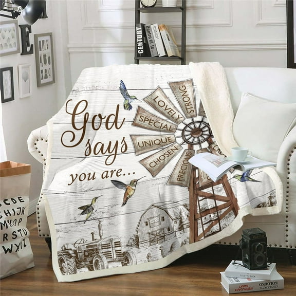 Farmhouse Windmill Sherpa Blanket, Rustic Hummingbird Throw Blanket For Bed Couch,Farm Cow Rooster Animal Fleece Blanket Western Vintage Wooden Barn Fuzzy Blanket Farmhouse Gifts For Women,Throw Size