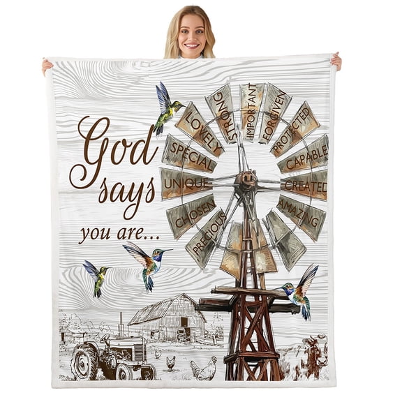 Farmhouse Windmill Sherpa Blanket, Rustic Hummingbird Throw Blanket For Bed Couch,Farm Cow Rooster Animal Fleece Blanket Western Vintage Wooden Barn Fuzzy Blanket Farmhouse Gifts For Women,Throw Size