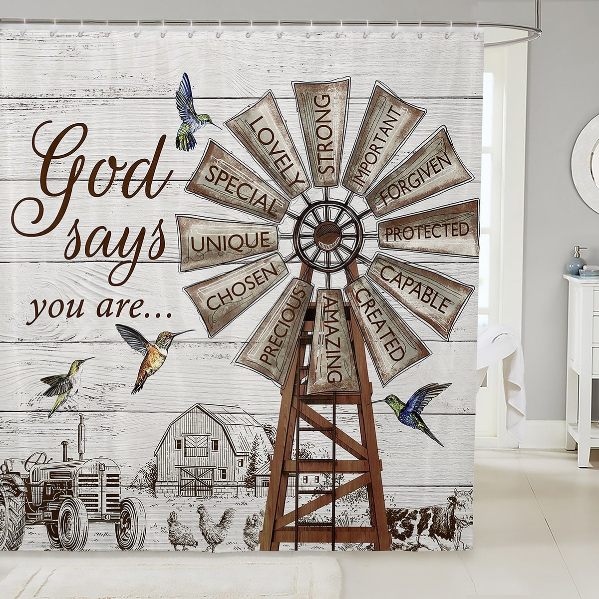 Farmhouse Windmill Shower Curtain, Rustic Hummingbird Bathroom Shower