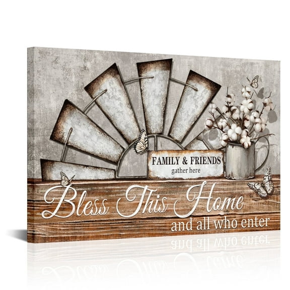 Farmhouse Windmill Wall Decor Bless This Home Sign Rustic Farm Style Room Decor Framed Kitchen Bedroom Living Room Decor (Beige)