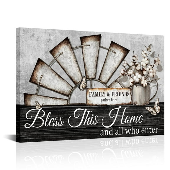 Farmhouse Windmill Wall Decor Bless This Home Sign Rustic Farm Style Room Decor Framed Kitchen Bedroom Living Room Decor (Gray)